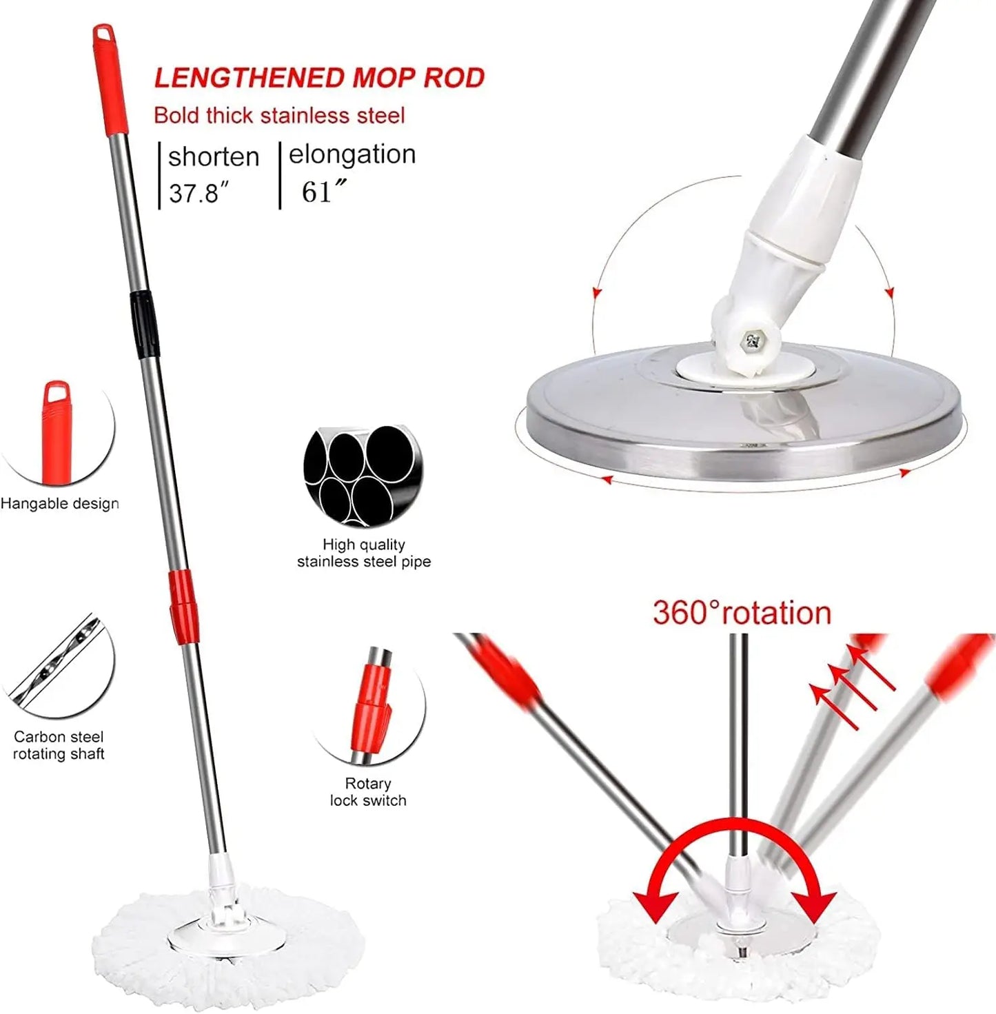 Stainless Steel Extendable Mop Handle With Microfiber Heads Set