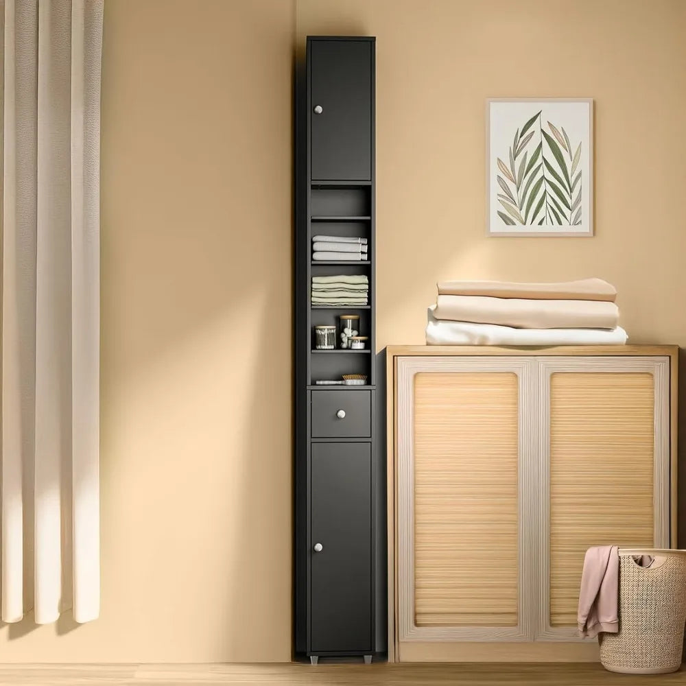 Tall Slim Bathroom Storage Cabinet with Drawer and Doors, Narrow Organizer for Small Spaces, Adjustable Shelves for Towels, Mode