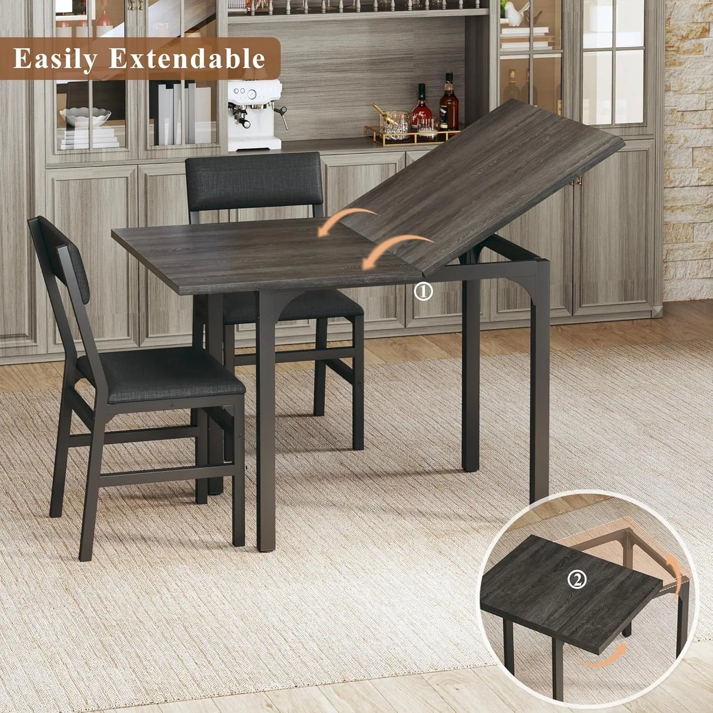 Extendable Dining Table Set For Four With Cushioned Chairs