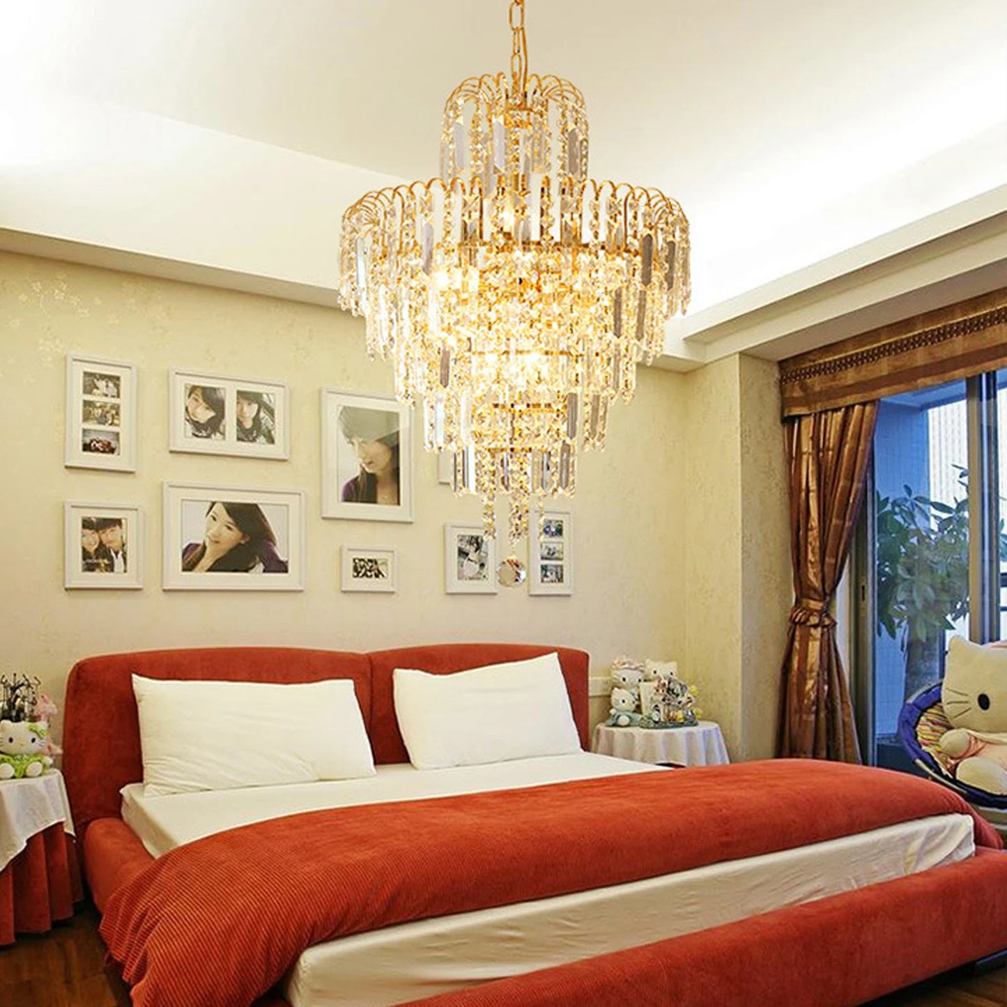 Elegant Gold Crystal Chandelier Pendant Lighting Fixture Metal Glass