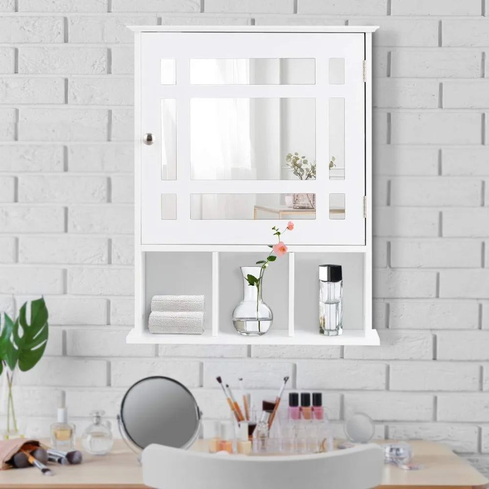 Bathroom Medicine Cabinet with Mirror, Adjustable Shelf and Open Compartments, Wall Mounted Mirrored Cabinet