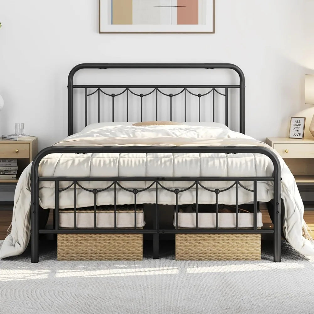 Metal Farmhouse Bed Frame With Vintage Headboard And Footboard