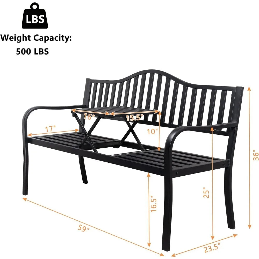 59" Outdoor Metal Bench Patio Bench with Built in Table Park Bench Garden Bench, Outside Benches