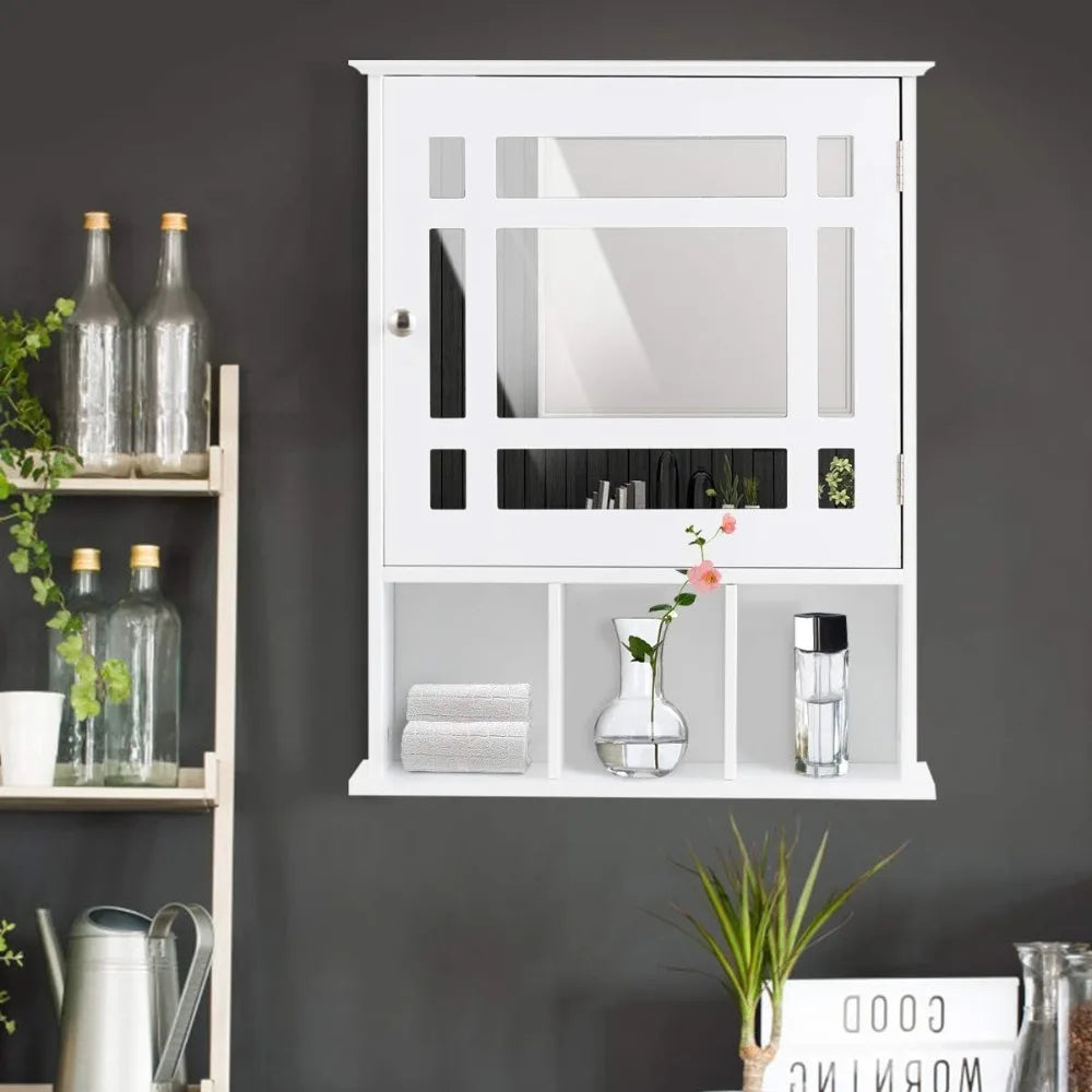 Bathroom Medicine Cabinet with Mirror, Adjustable Shelf and Open Compartments, Wall Mounted Mirrored Cabinet