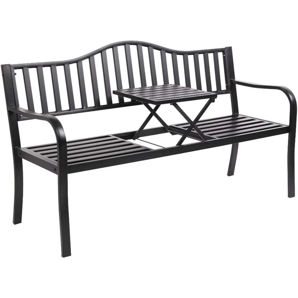59" Outdoor Metal Bench Patio Bench with Built in Table Park Bench Garden Bench, Outside Benches
