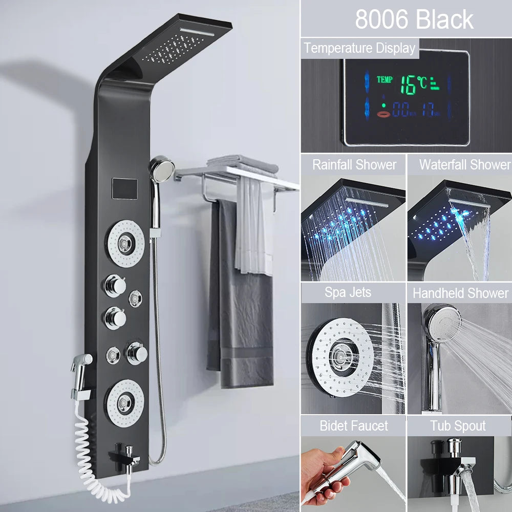 MYQualife LED Shower Panel With Waterfall Rainfall And Massage Jets