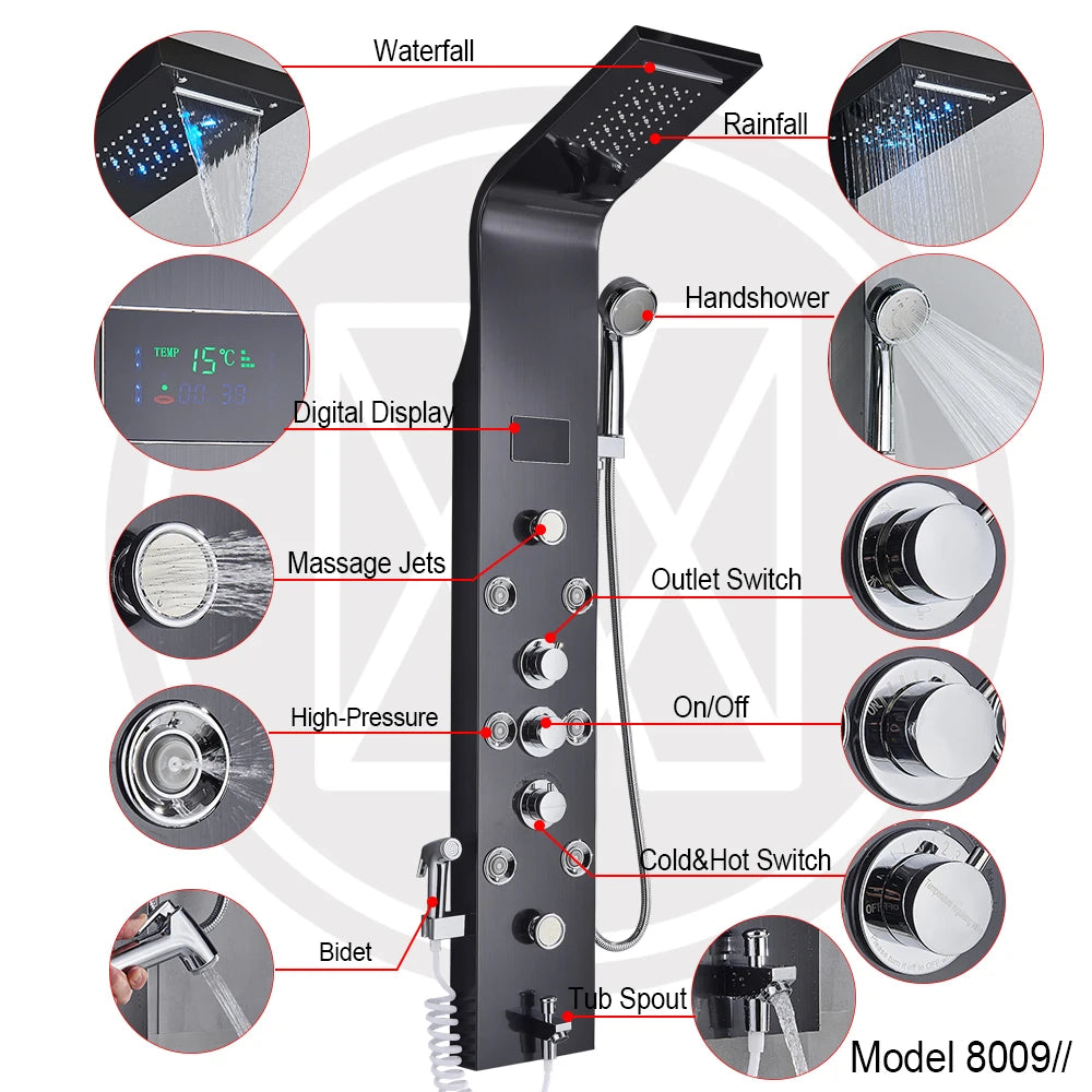 MYQualife LED Shower Panel With Waterfall Rainfall And Massage Jets