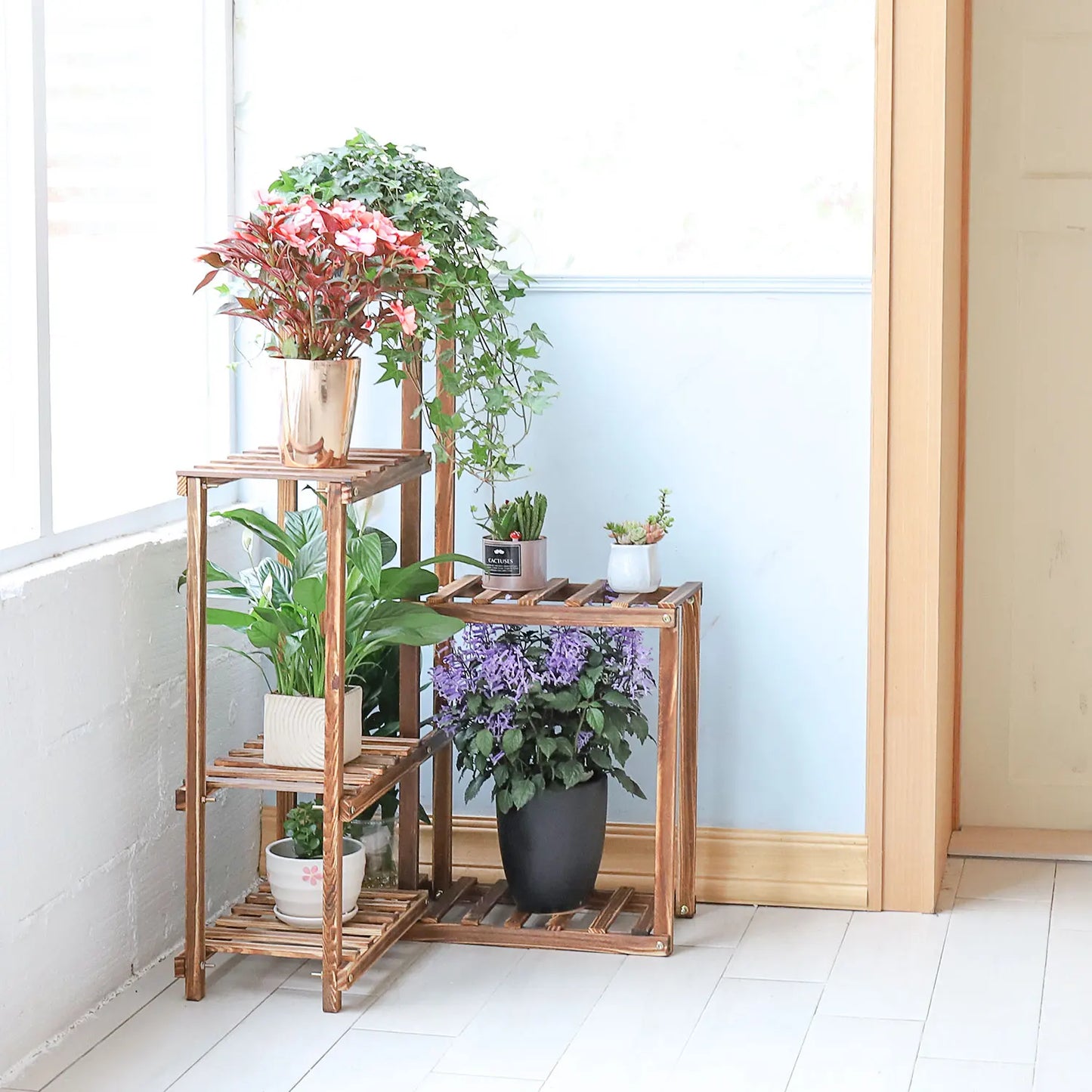 BINGOPAW 6-Tier Plant Corner Stand Indoor Outdoor Wood Shelf