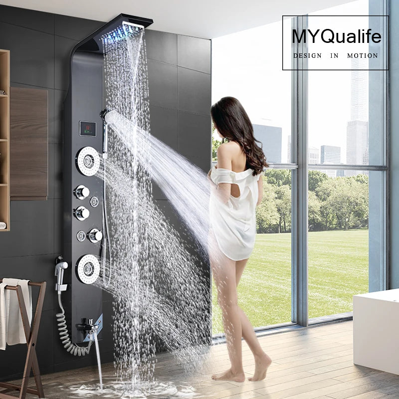 MYQualife LED Shower Panel With Waterfall Rainfall And Massage Jets