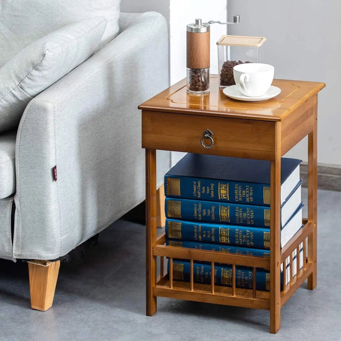Bamboo Bedside Table With Drawer Nightstand Storage