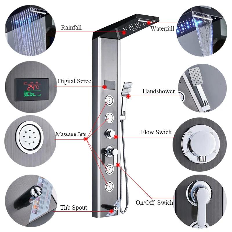 Shinesia LED Shower Panel With Rainfall And Massage Jets