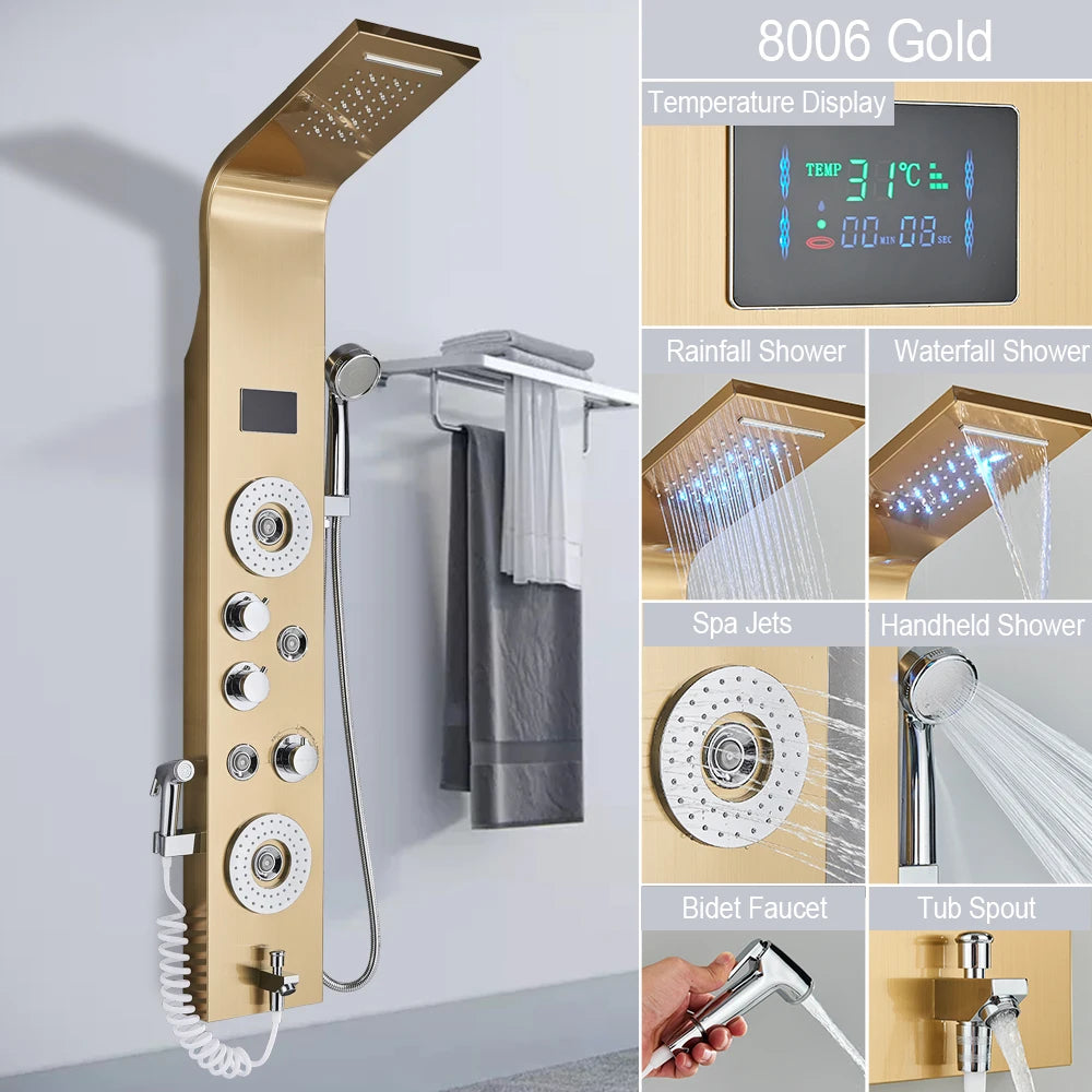 MYQualife LED Shower Panel With Waterfall Rainfall And Massage Jets