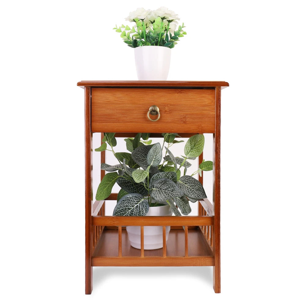 Bamboo Bedside Table With Drawer Nightstand Storage