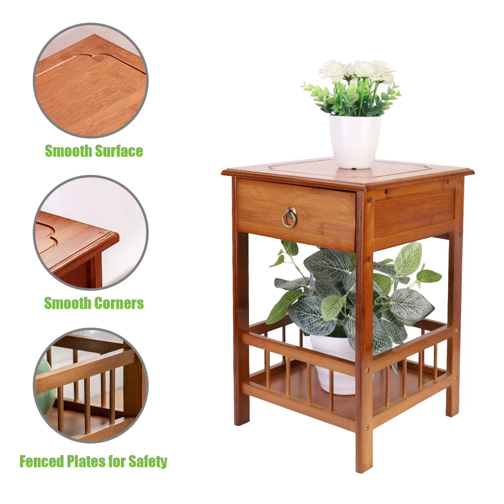 Bamboo Bedside Table With Drawer Nightstand Storage