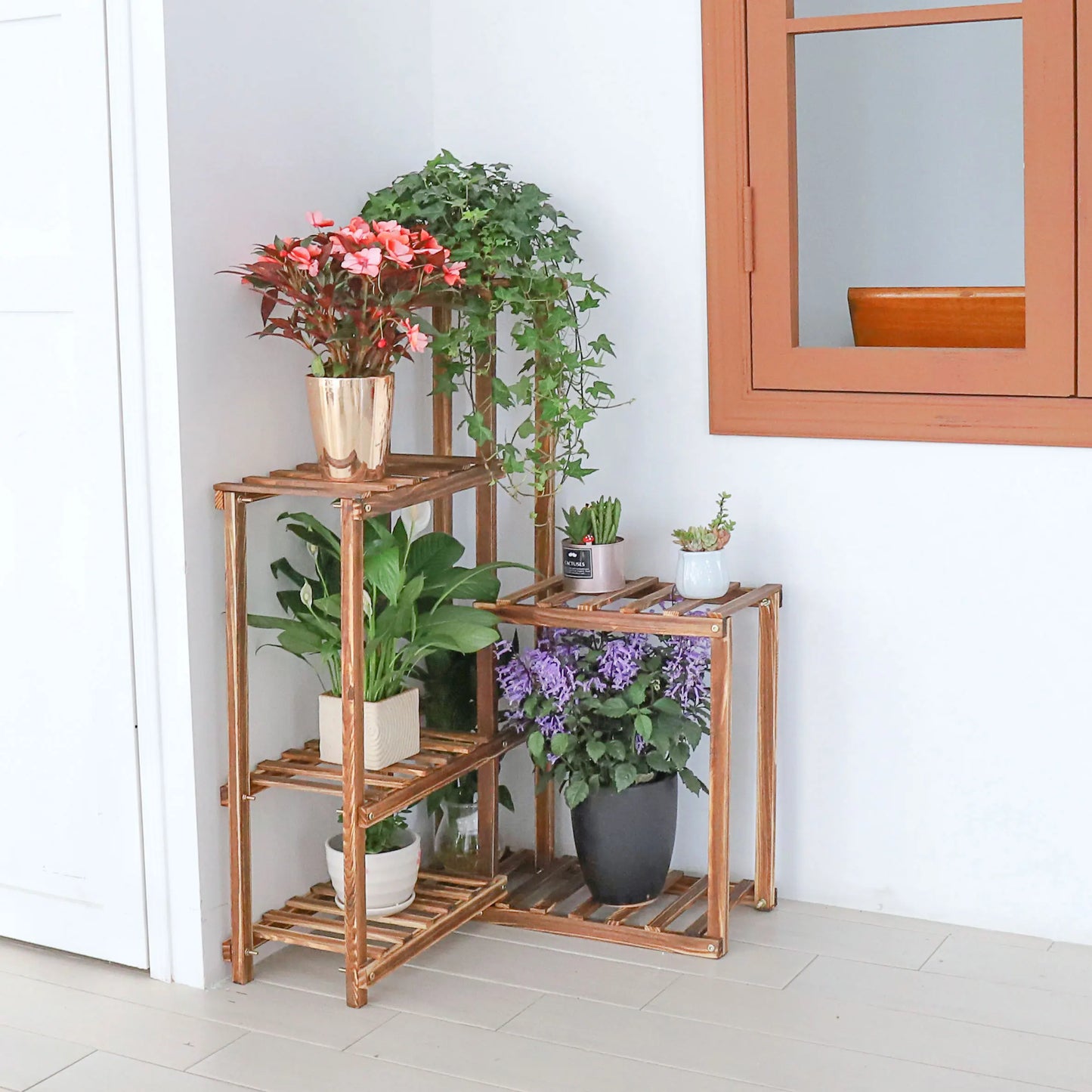 BINGOPAW 6-Tier Plant Corner Stand Indoor Outdoor Wood Shelf