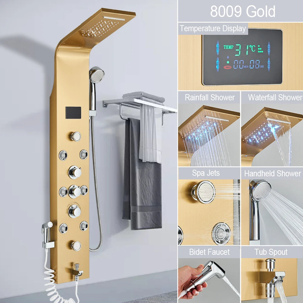 MYQualife LED Shower Panel With Waterfall Rainfall And Massage Jets