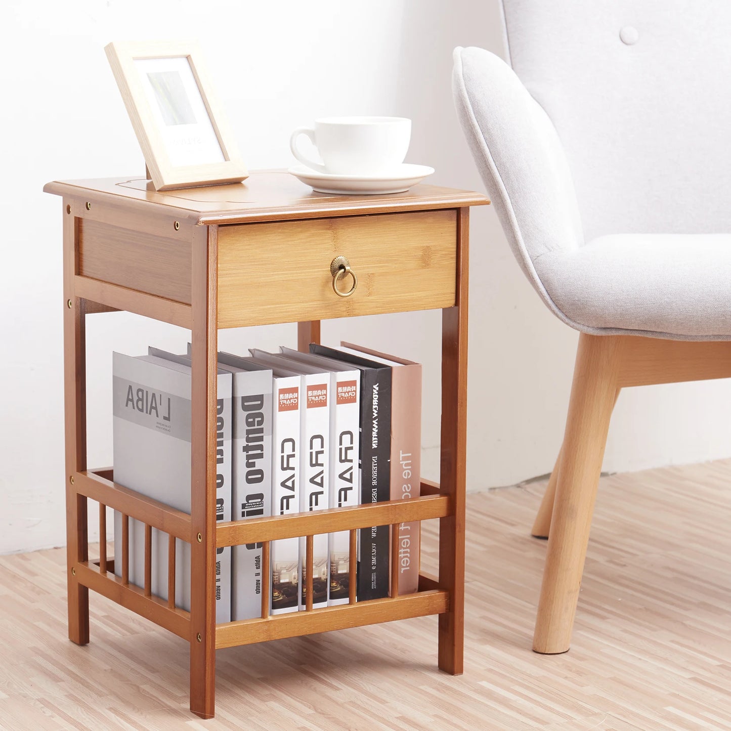 Bamboo Bedside Table With Drawer Nightstand Storage