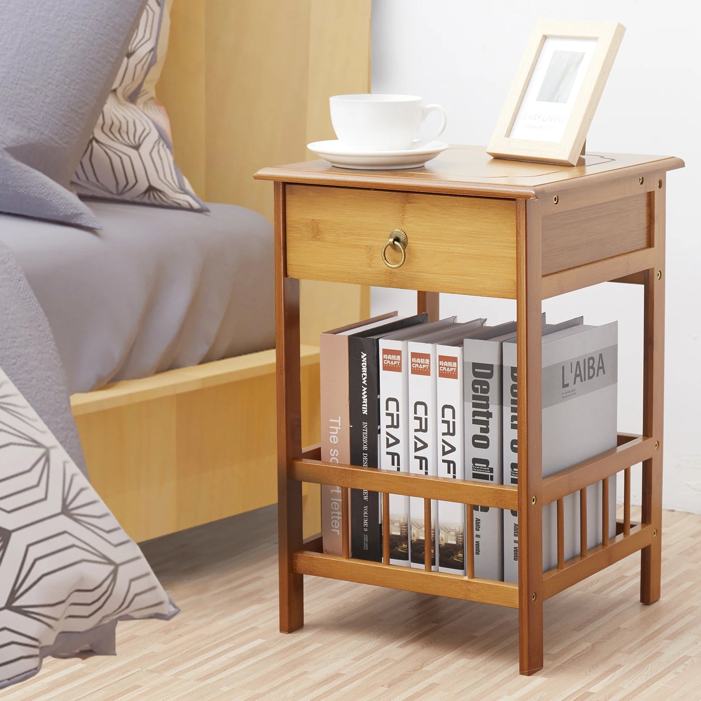 Bamboo Bedside Table With Drawer Nightstand Storage