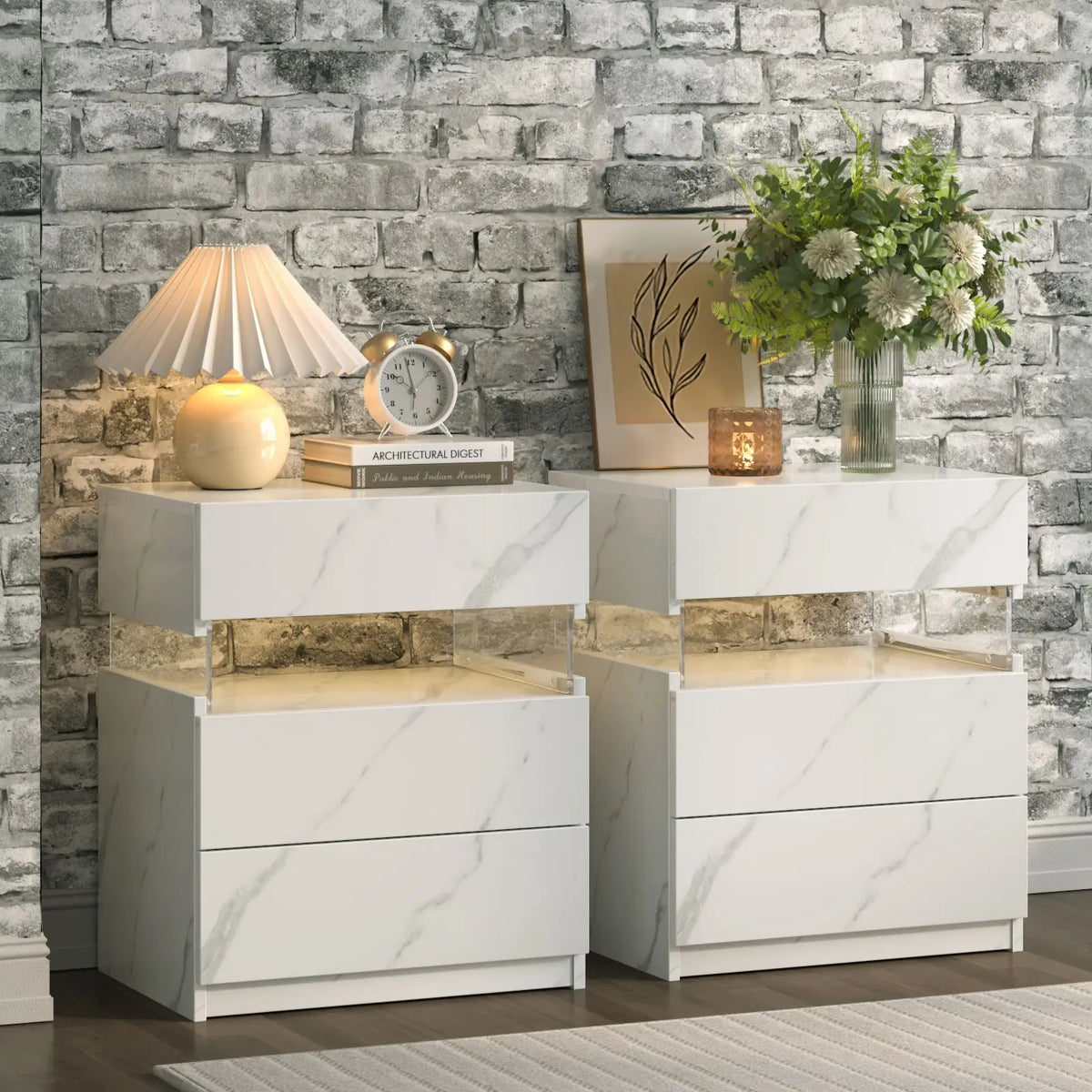 Cubehom Two Piece Led Bedside Table Set With Storage Drawers