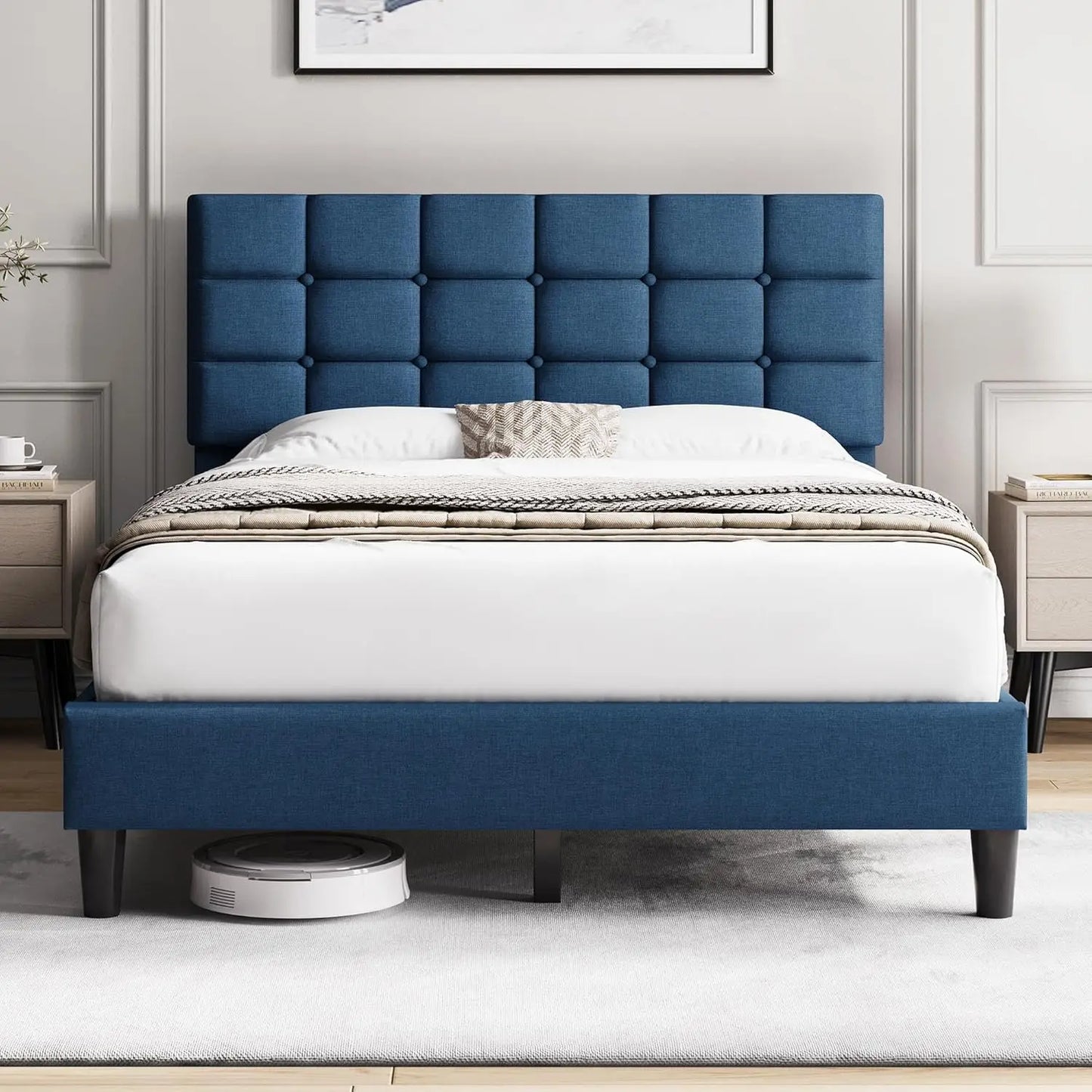 Upholstered Bed Frame With Adjustable Headboard And Square Tufting