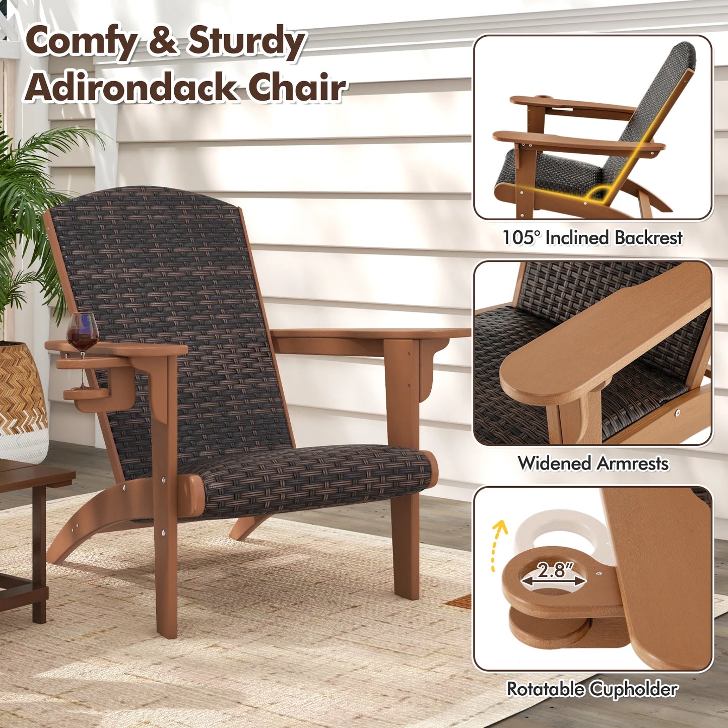 LIFEZEAL Patio Adirondack Chair With Rattan Padded Seat And Cupholder