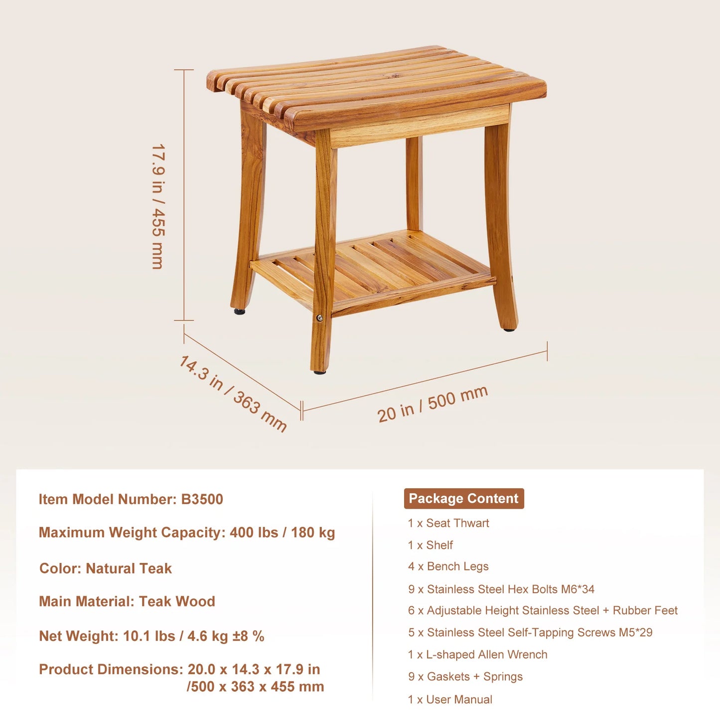 SucceBuy Bamboo Shower Bench With Storage Shelf Waterproof Spa Seat