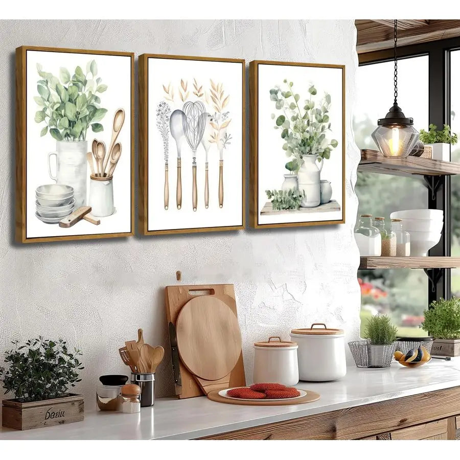 Farmhouse Kitchen Canvas Wall Art Sage Green Plants Eucalyptus Leaves