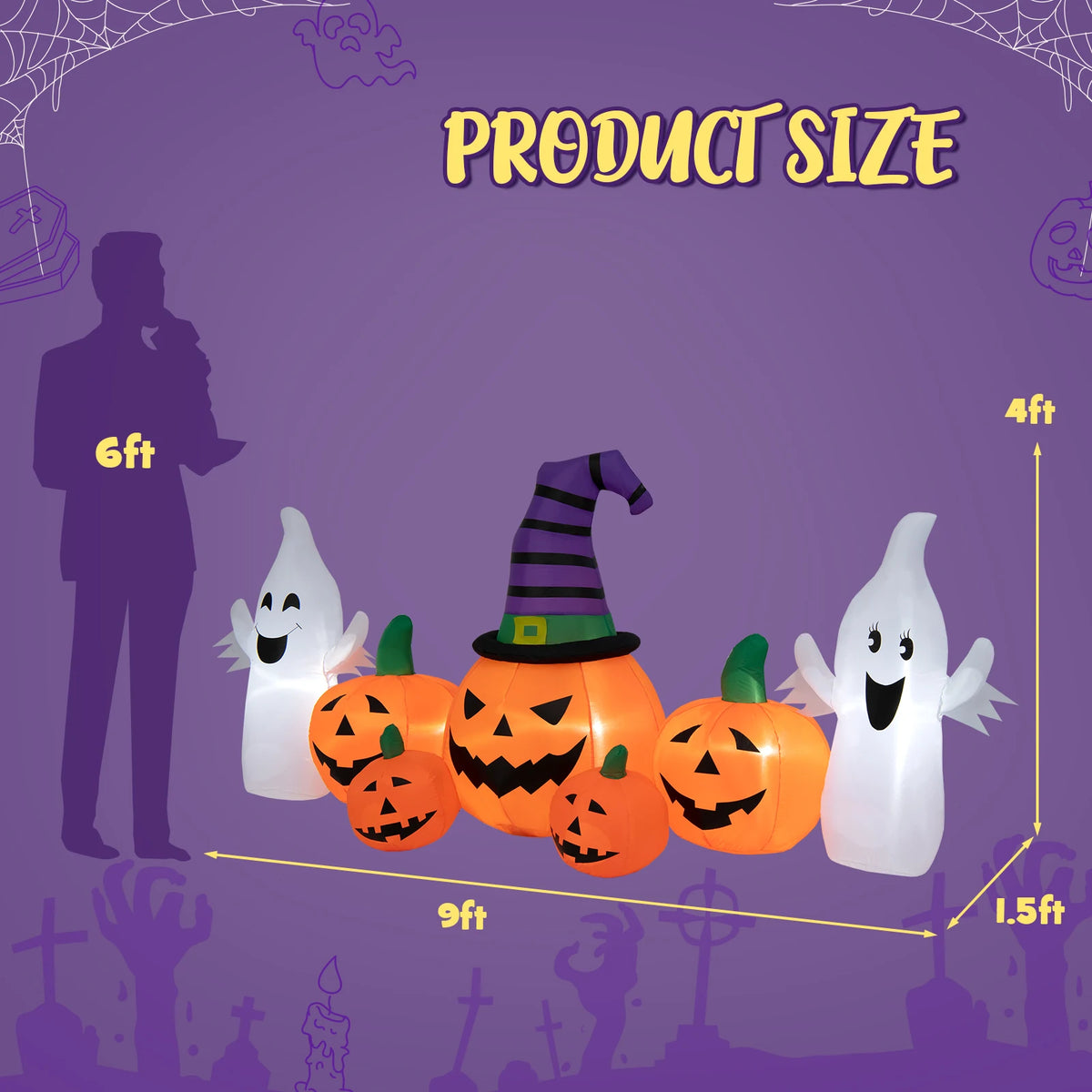 LIFEZEAL Halloween Inflatable Pumpkin Patch With Ghosts And LED Lights