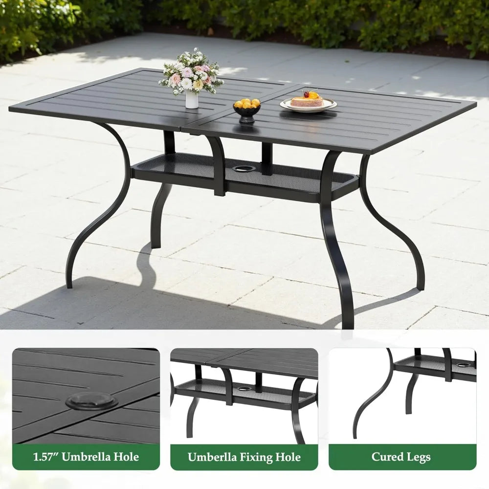 NBVCX Patio Dining Set With Rectangle Table And Umbrella Hole Stackable Chairs