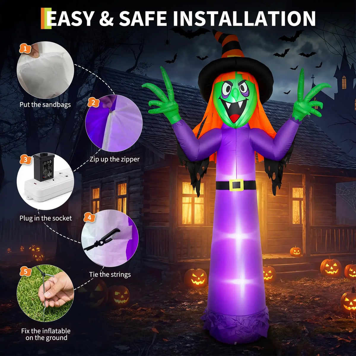 HiMISS Halloween Inflatable Witch Outdoor Yard Decoration With LED Lights