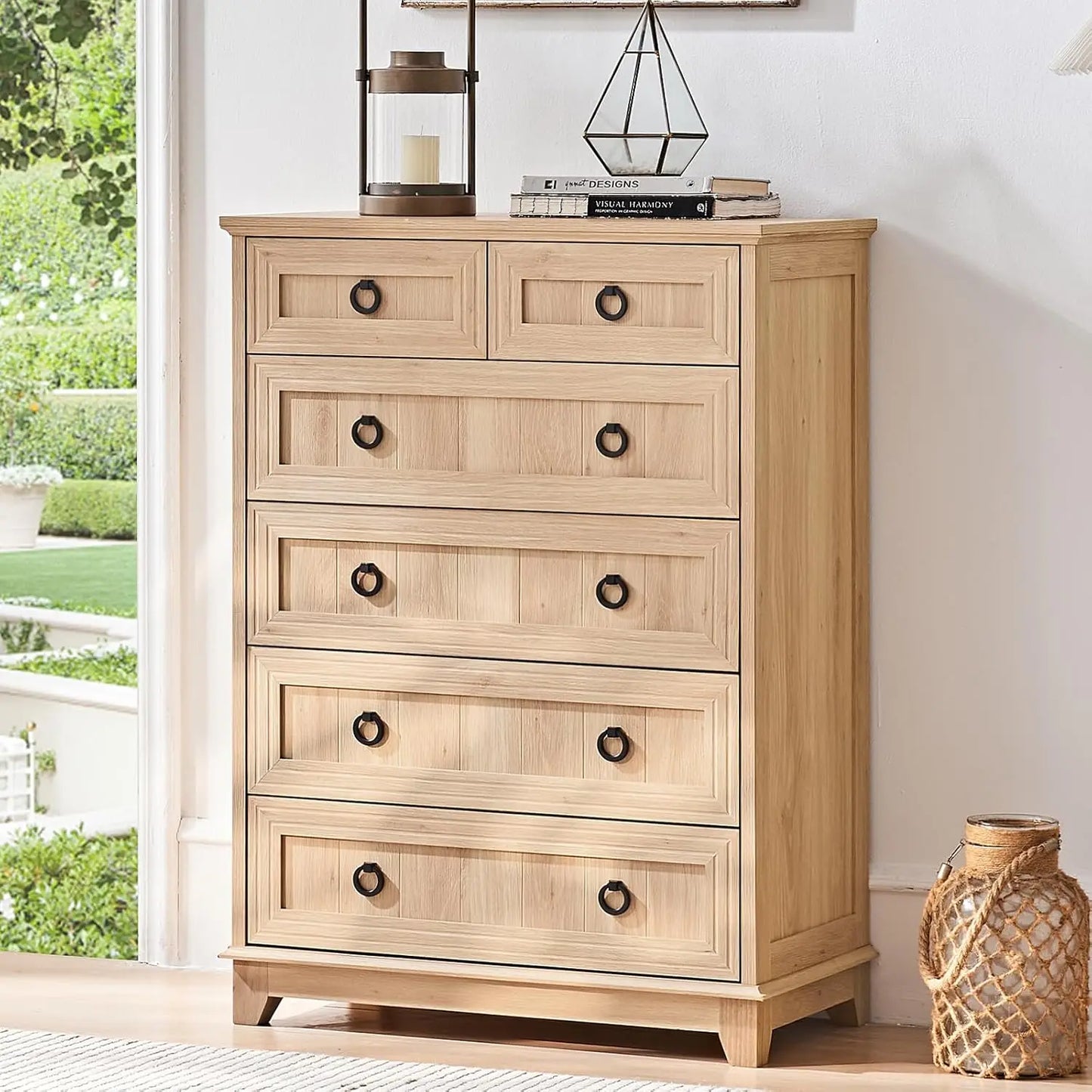 Rustic Wood 6 Drawer Dresser With Metal Handles For Bedroom