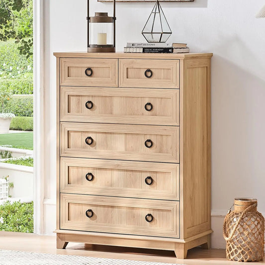 Rustic Wood 6 Drawer Dresser With Metal Handles For Bedroom