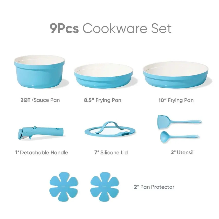 9pcs Pots and Pans Set,Ceramic Cookware Sets Non Stick with Detachable Handle, Induction Kitchen Pots and Pans,RV Cooking Set, O