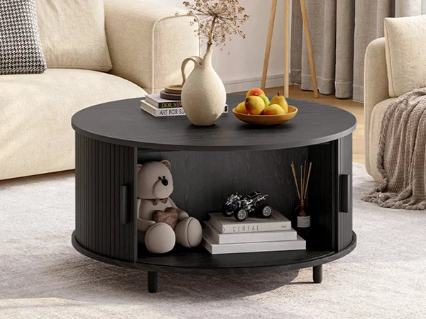 Round Coffee Table With Storage Drum Design And Sliding Door