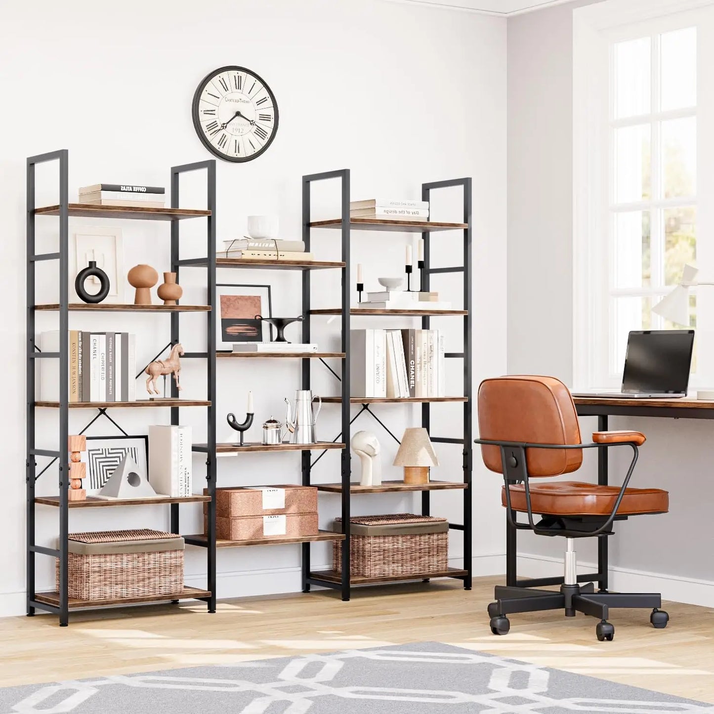 Wide 5 Tier Triple Bookshelf With 14 Open Display Shelves