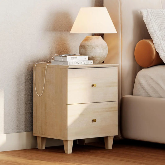 NONED Nightstand With Charging Station And Two Drawers