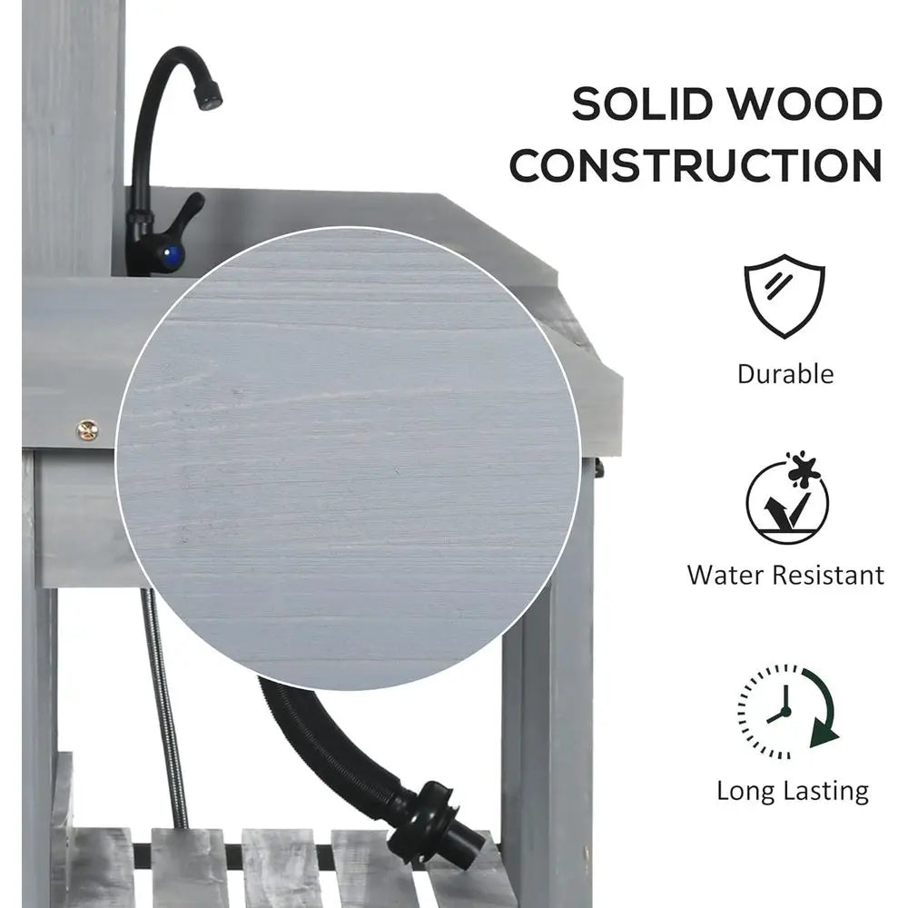 Outdoor Wooden Garden Workbench With Detachable Sink, Faucet, Storage, And Hooks