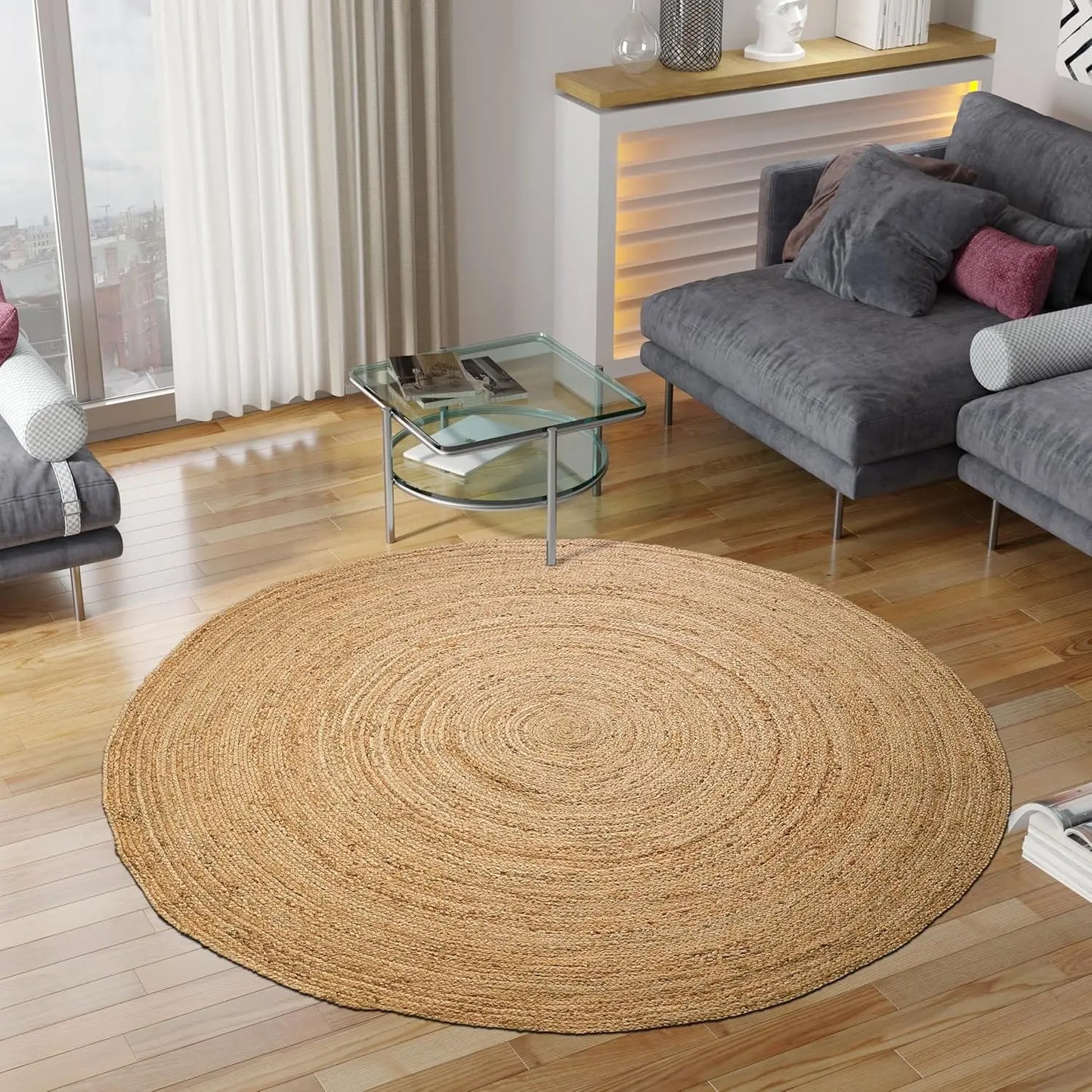 Hand Woven Jute Braided Round Rug, 6 Feet Natural Reversible for Living Room Kitchen Farmhouse Decor