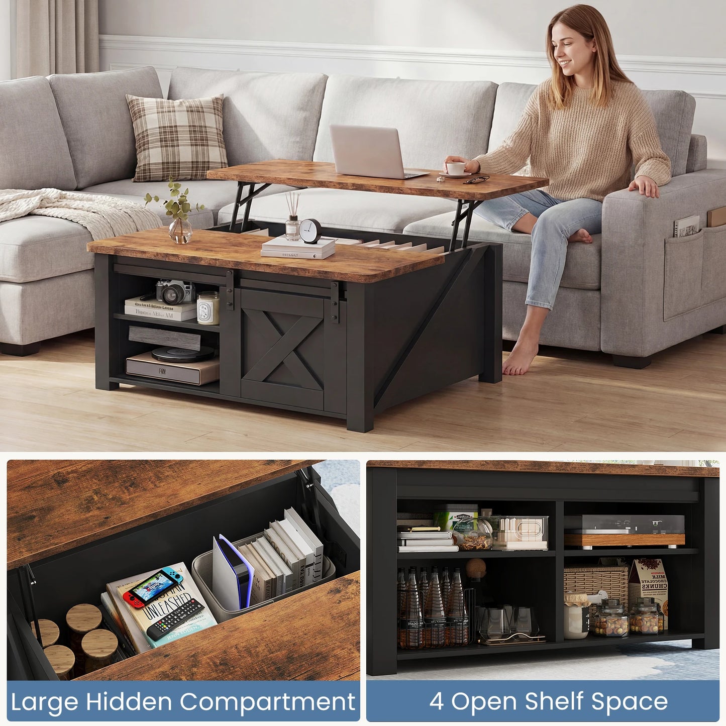 MCQ Wood Lift Top Coffee Table With Adjustable Storage