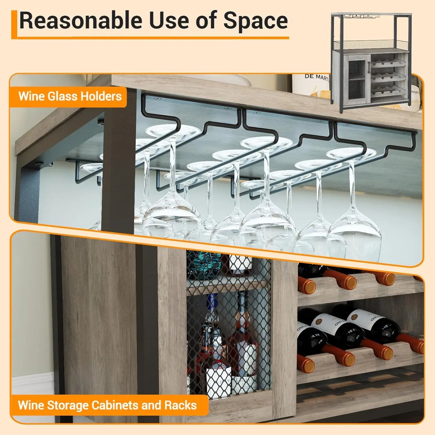 Wine Bar Rack Cabinet with Storage Space & Detachable Wine Rack, Coffee Bar with Glass Holder 3-Tier Kitchen Buffet Cabinet