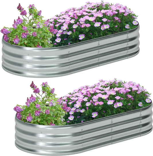 2-Pack Galvanized Metal Raised Garden Bed, Oval Planter Box for Vegetables, 6x3x1FT Silver