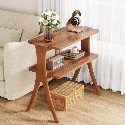 Little Tree Farmhouse End Table 2-Tier Storage with Wood Legs
