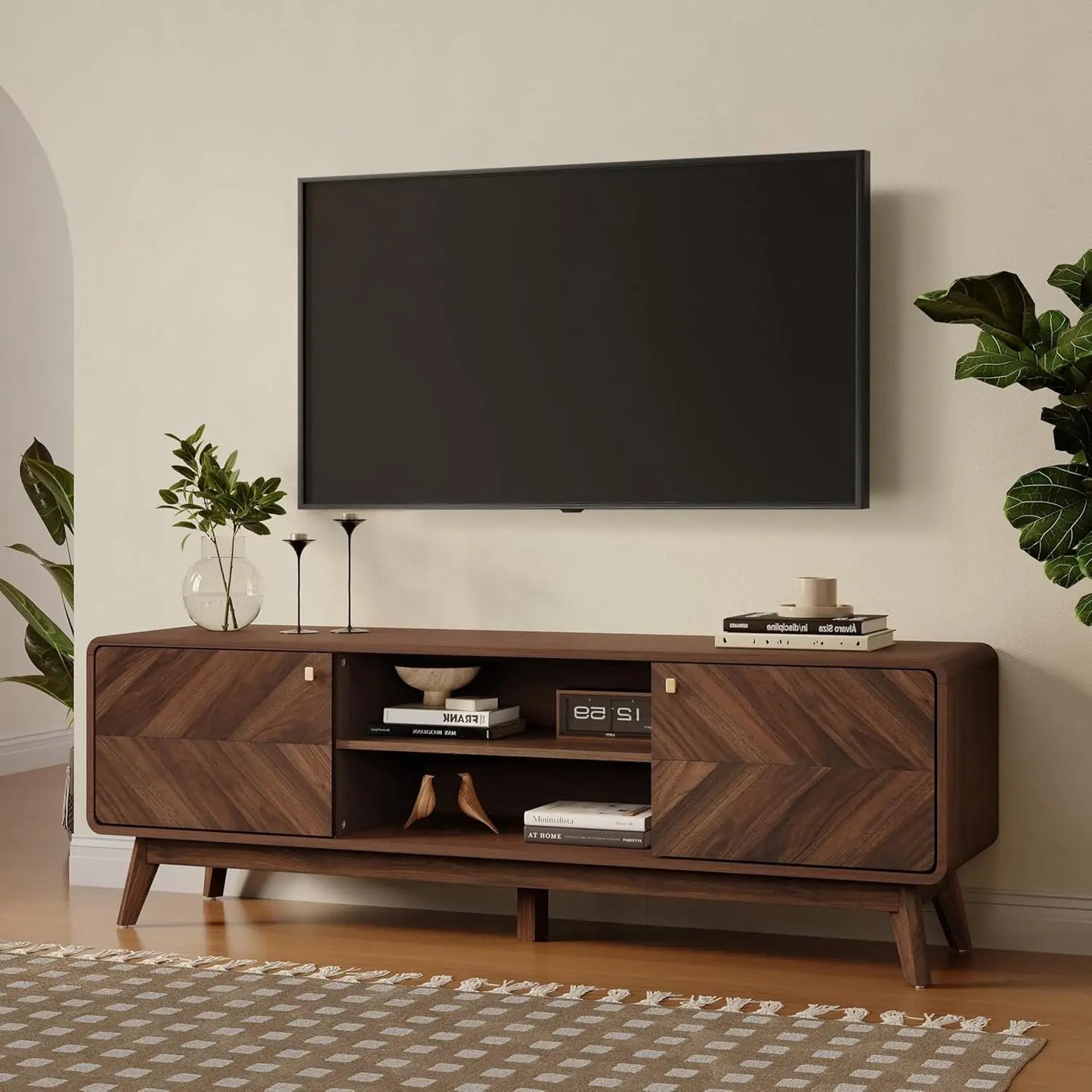 Mid Century TV Stand For Living Room Entertainment Center With Storage