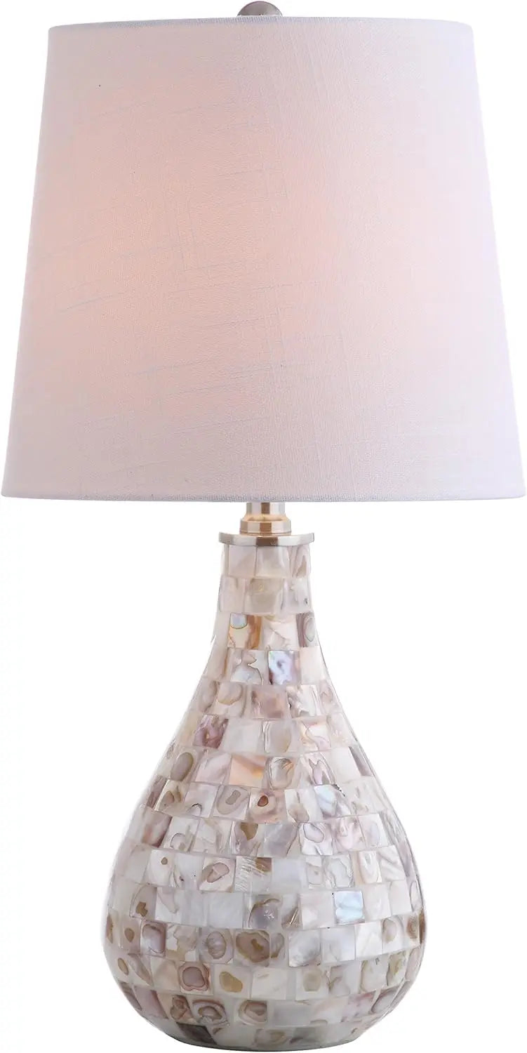 Seashell Coastal Mini LED Table Lamp With Linen Drum Shade