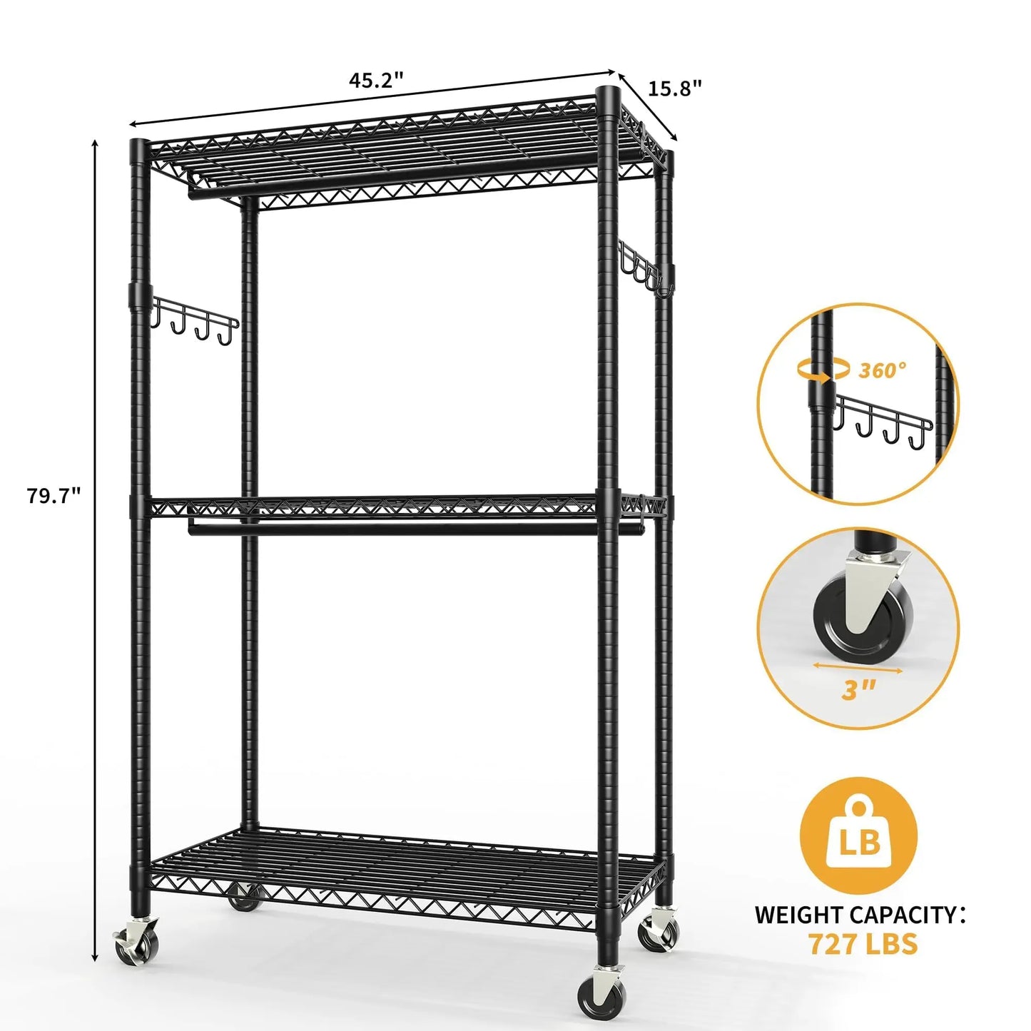 HiMISS 3-Tier Rolling Garment Rack With Adjustable Shelves