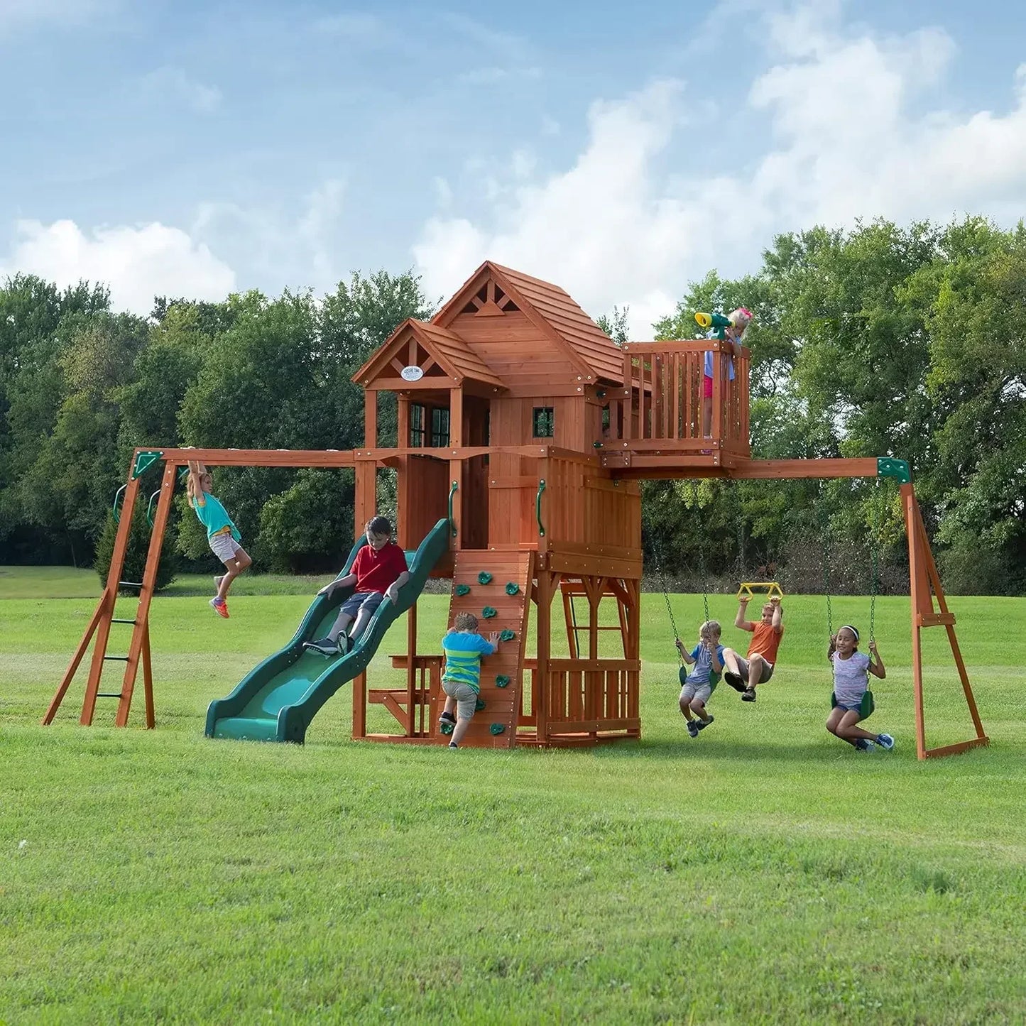 Cedar Wood Swing Set With Wave Slide And Crow's Nest