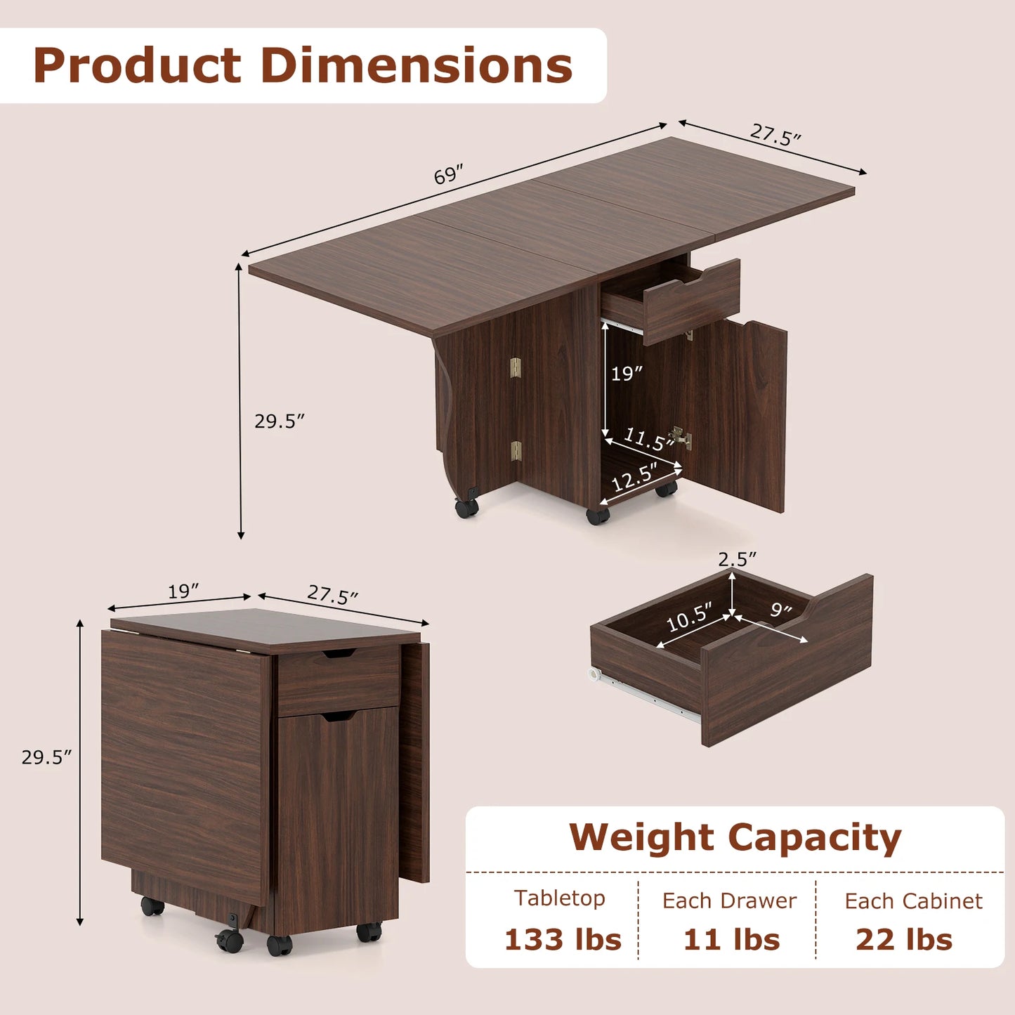 HOMASIS Folding Dining Table With Lockable Wheels for Small Spaces