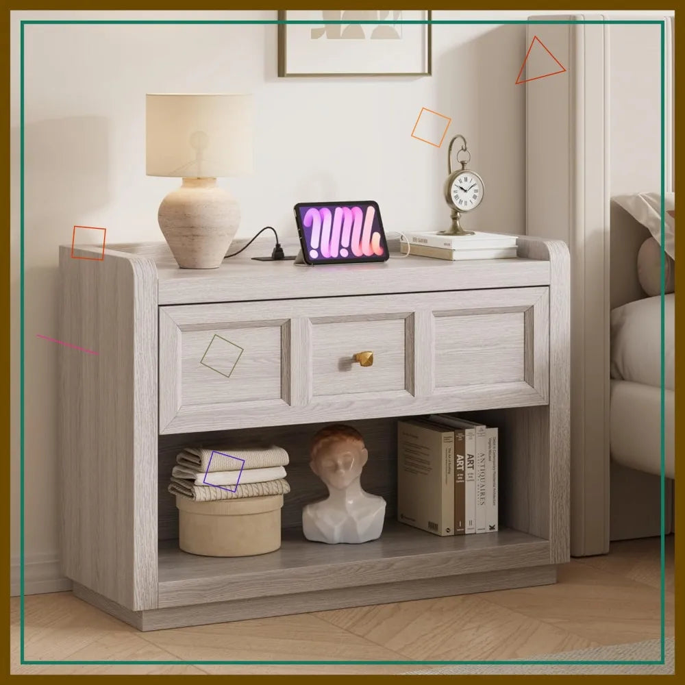 Nightstand With Charging Station And Large Drawer Farmhouse Bedside Table