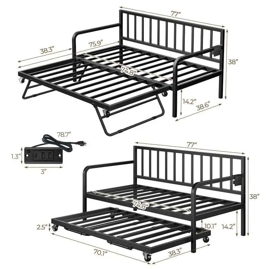Daybed with Charging Station and LED Lights, Height Adjustable Twin Daybed with Trundle, Metal Sofa Bed Frame with Steel Slat S