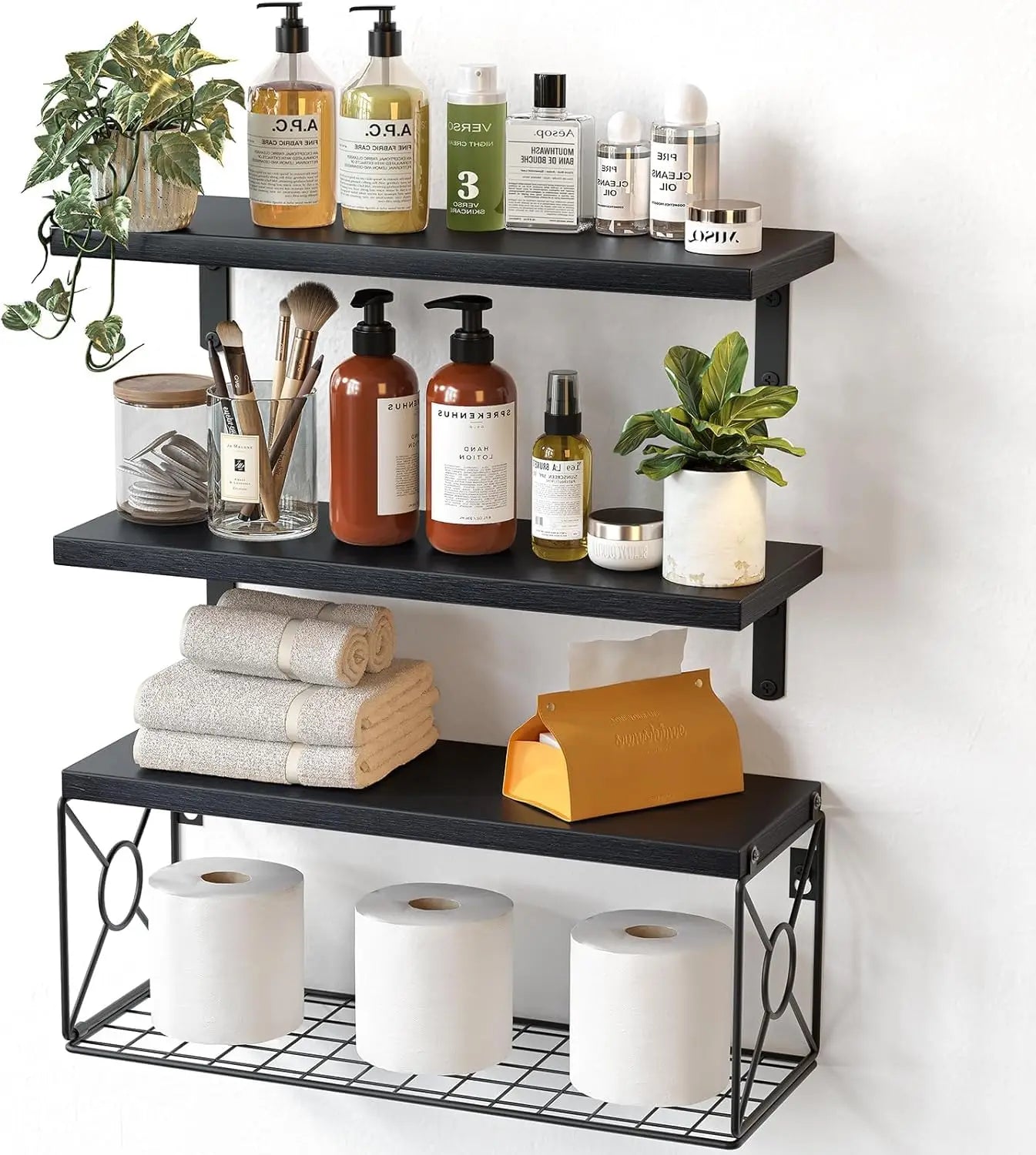 XIUWO Paulownia Wood Floating Shelf Over Toilet With Storage Basket
